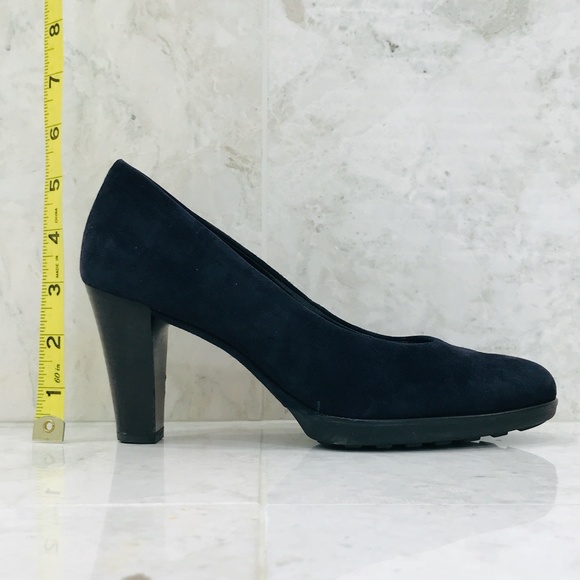 PAUL GREEN {6} Navy Blue Suede Pump Round Toe Black Wood Block Heel Rubber Sole - Picture 3 of 10